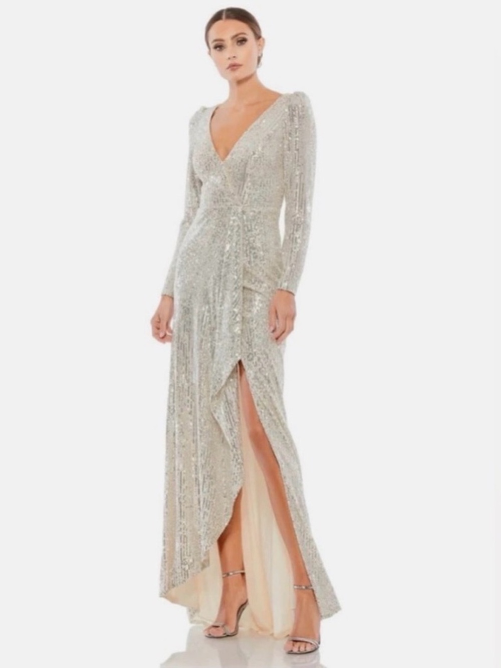 Ieena for Mac Duggal Champagne Faux Wrap Sequin Gown Size 4